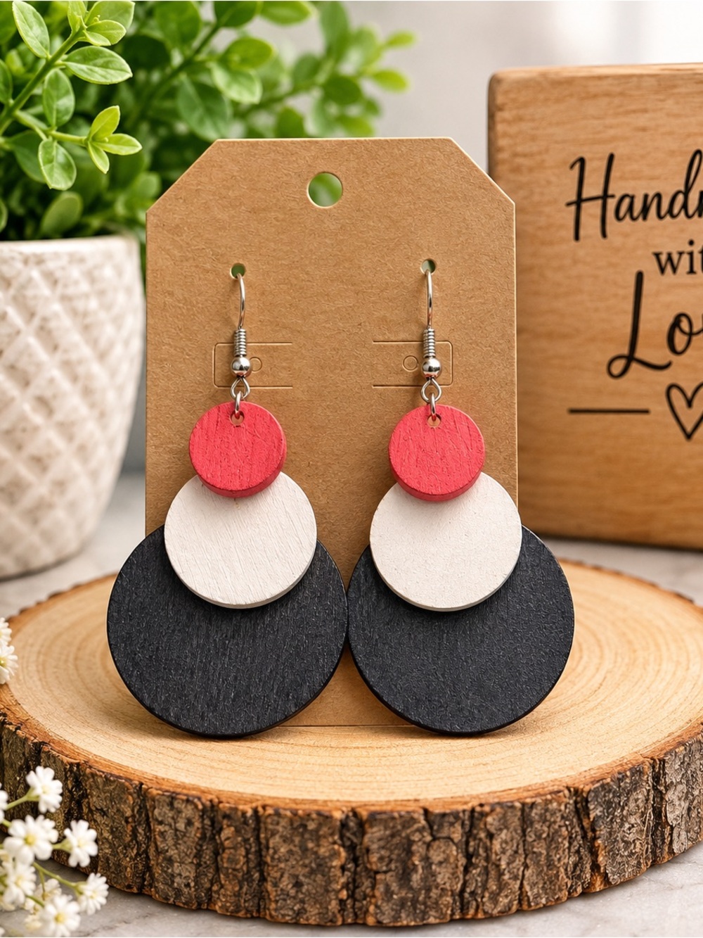 Women’s Layered Circle Drop Earrings - Pink, White & Black